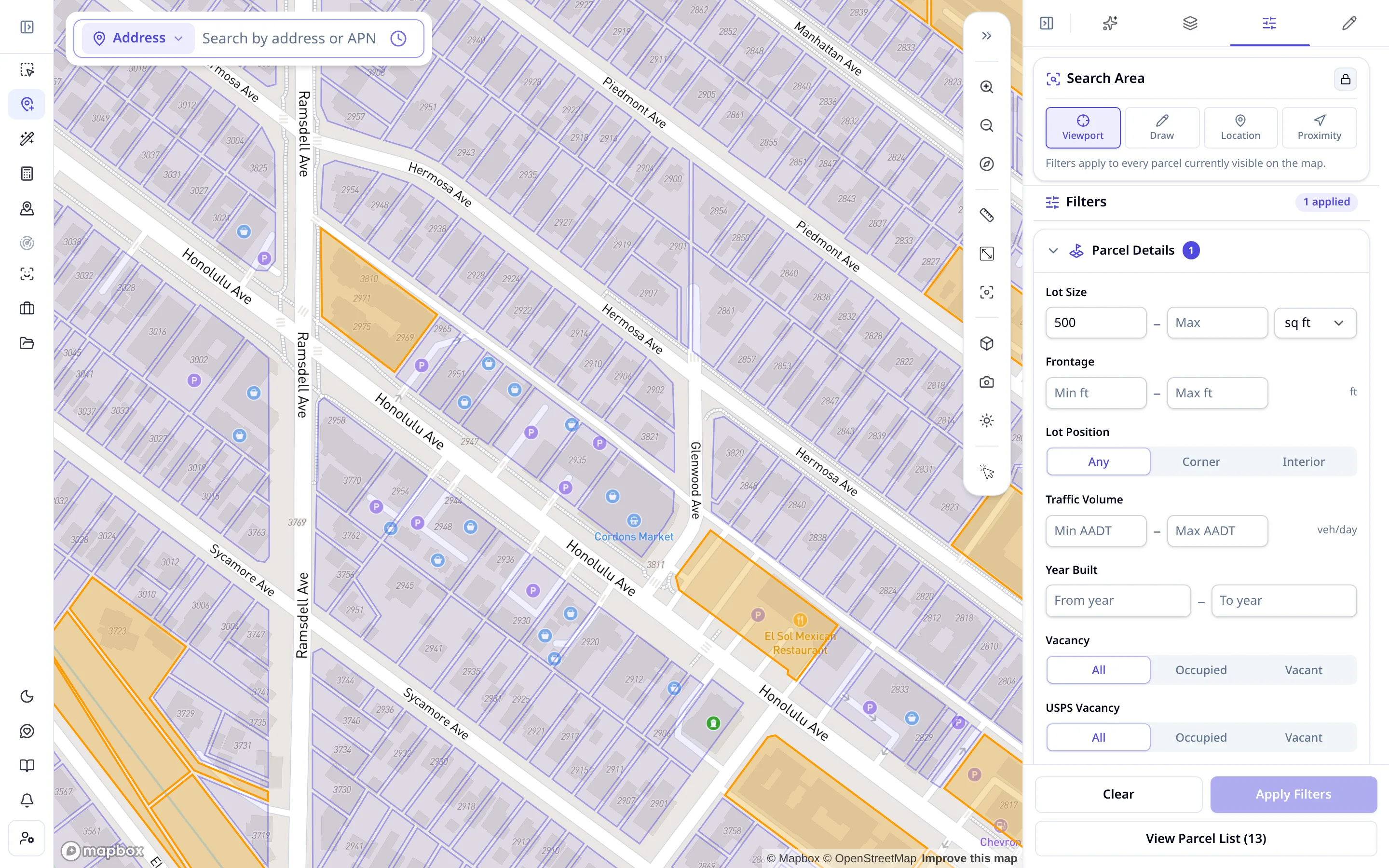 ArchiWise parcel filters narrowing a search area to matching development sites