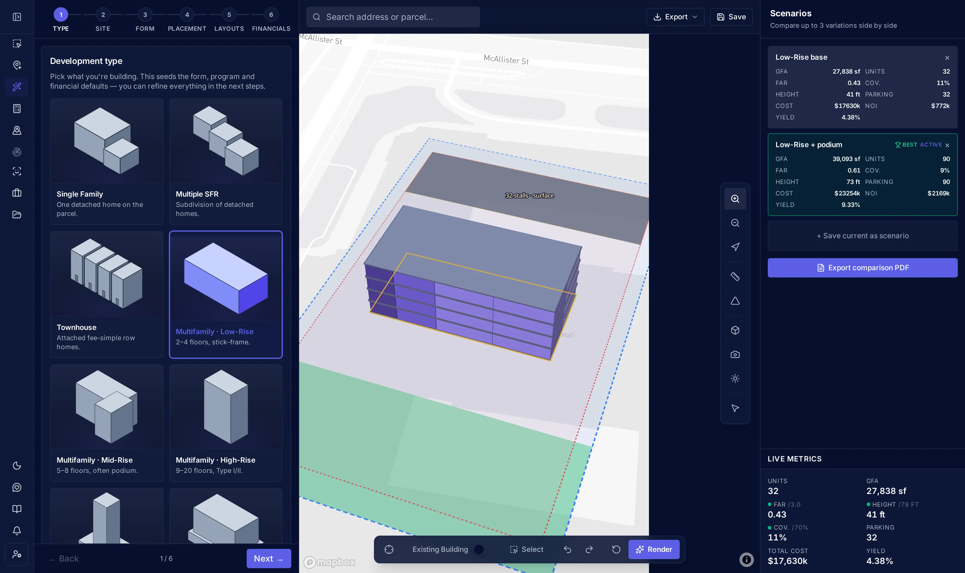 3D massing study on a parcel with development metrics for units, GFA, FAR and height