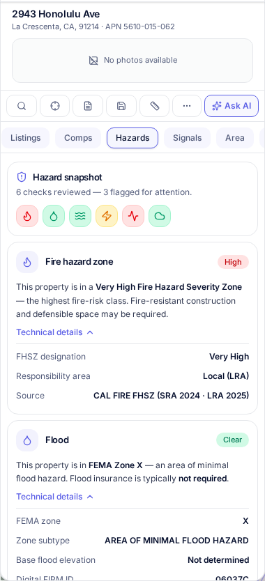 Fire, flood and other hazard details for the parcel