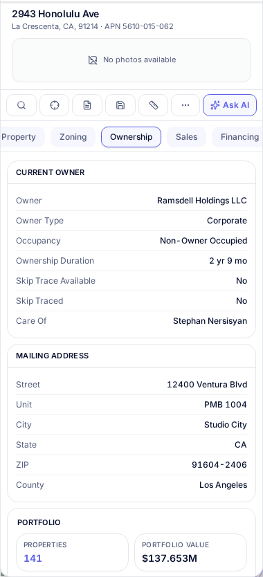 Current owner, mailing address and portfolio details
