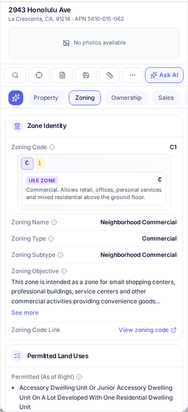 Zoning details including zone identity and permitted land uses